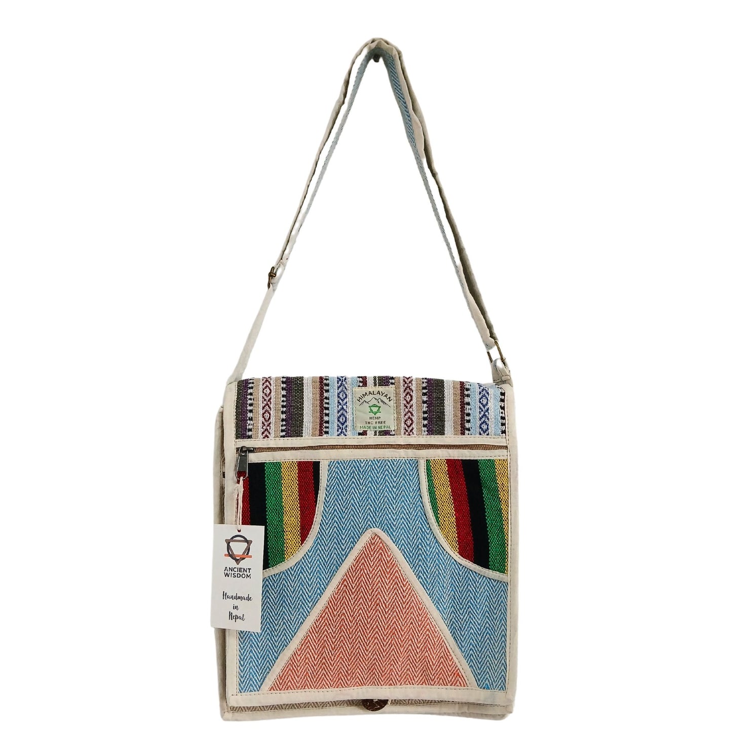 Eco-friendly hemp messenger bag with a triangle pattern, featuring a flap closure and adjustable shoulder strap.