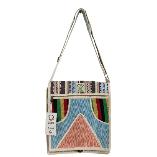 Eco-friendly hemp messenger bag with a triangle pattern, featuring a flap closure and adjustable shoulder strap.