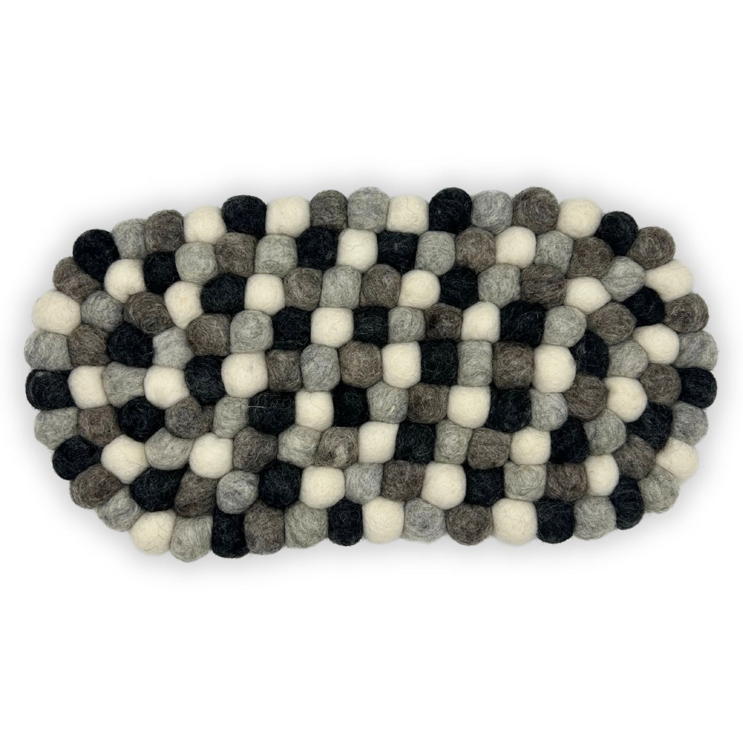 Handmade oval centre mat made from small felted wool balls in various shades of grey and charcoal.