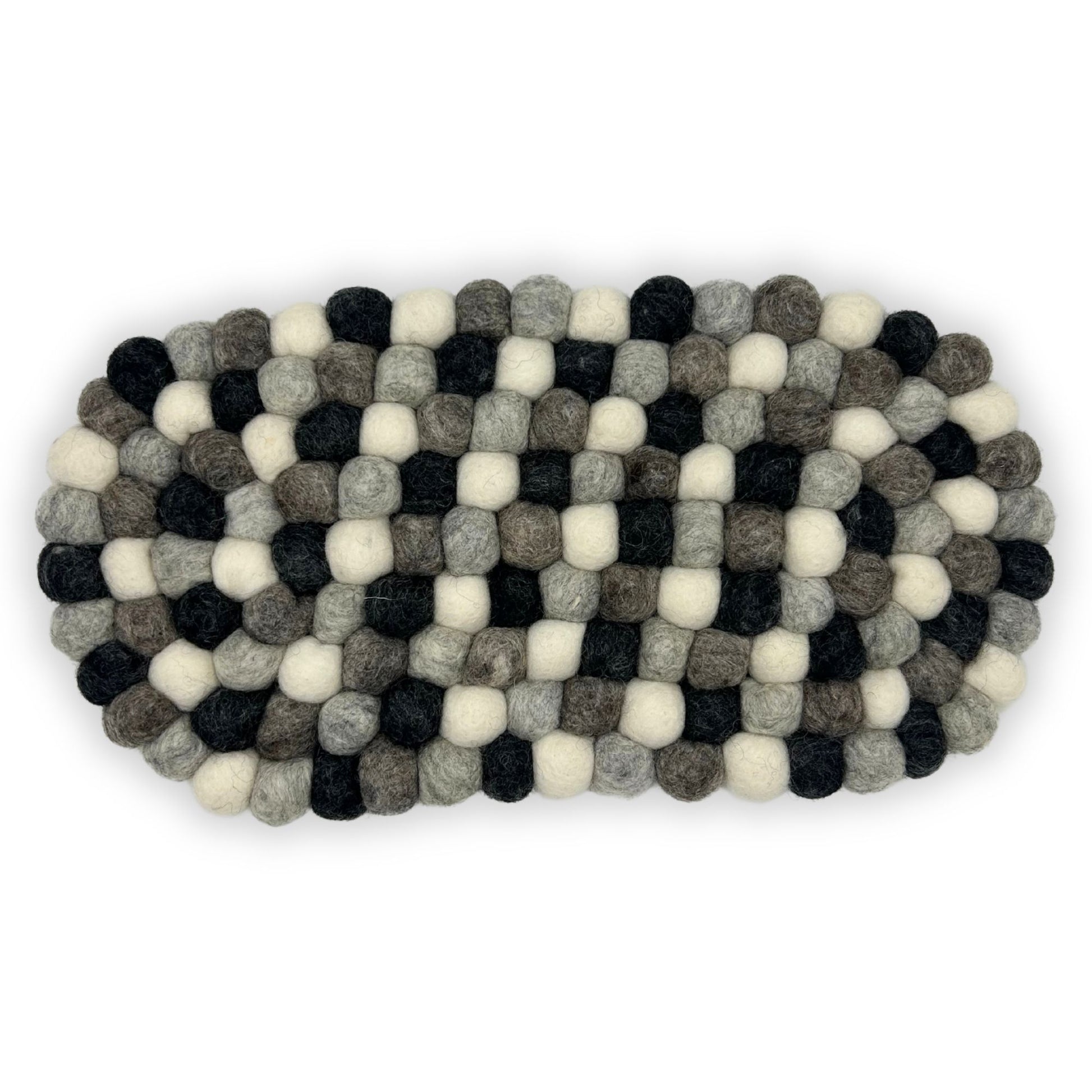 Handmade oval centre mat made from small felted wool balls in various shades of grey and charcoal.