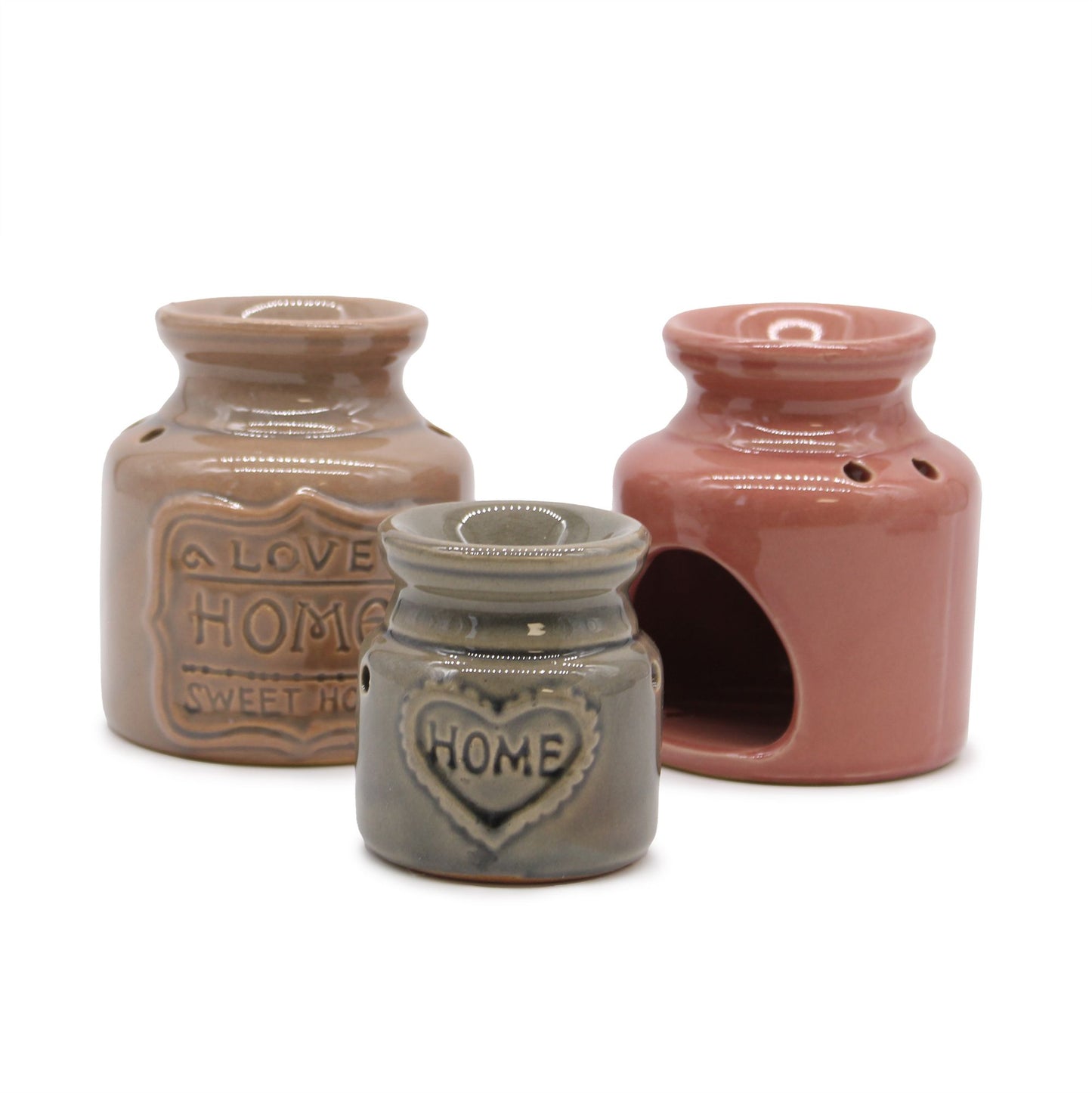 Elegant white ceramic oil burner featuring a colourful Love Home Sweet Home house design with a glazed finish.