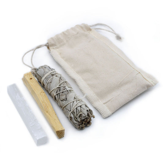 Travel-sized energy cleansing kit featuring a 10cm white sage smudge stick for spiritual purification.