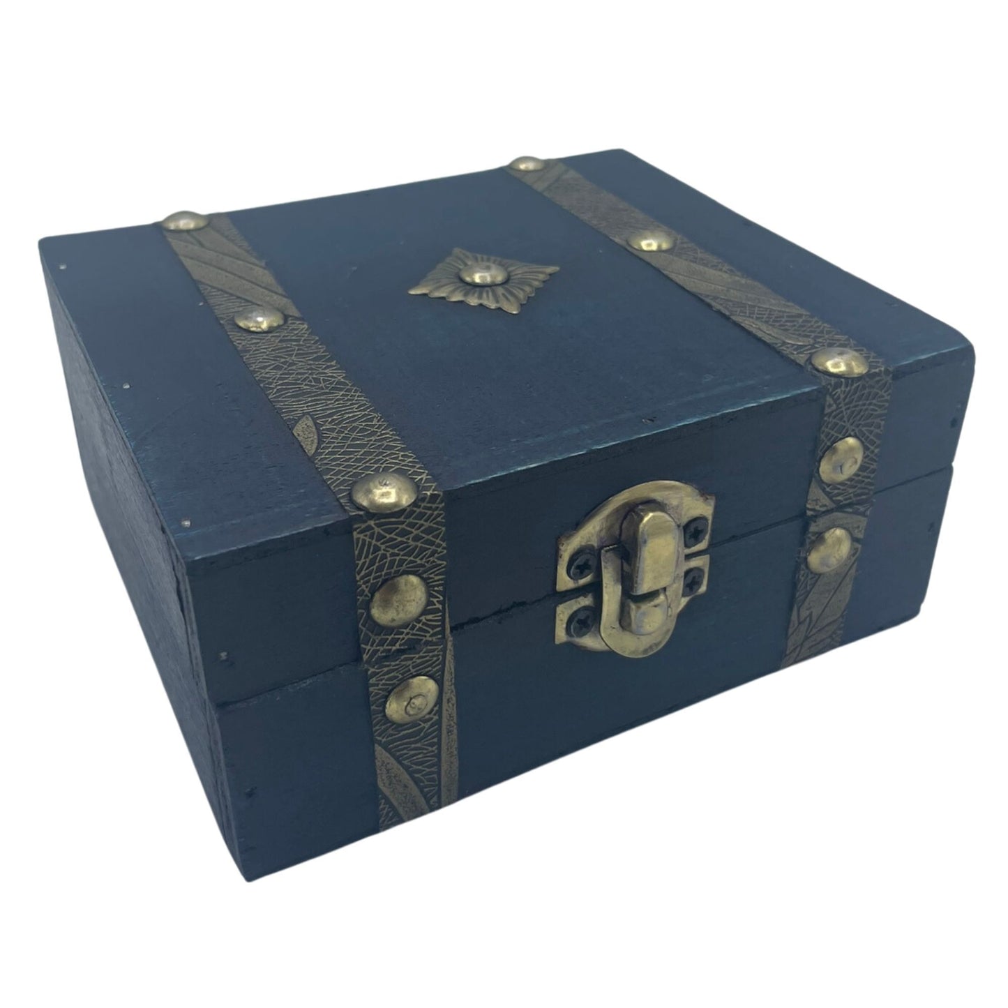 Square teal wooden tea chest with a vintage style finish and decorative latch.