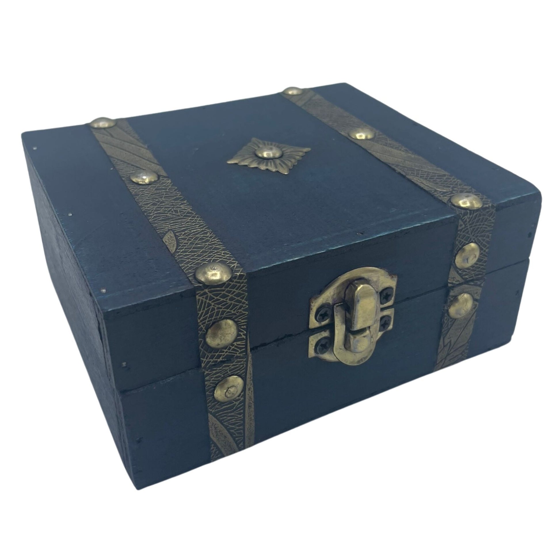 Square teal wooden tea chest with a vintage style finish and decorative latch.