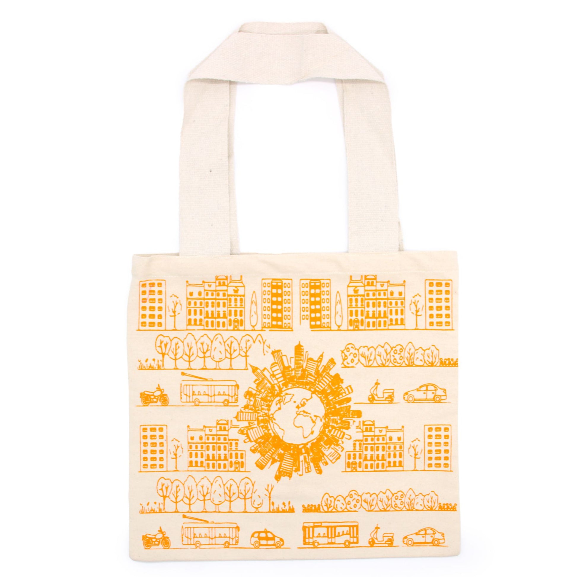 Large cream-coloured cotton tote bag with a black City Life graphic print and sturdy shoulder straps.