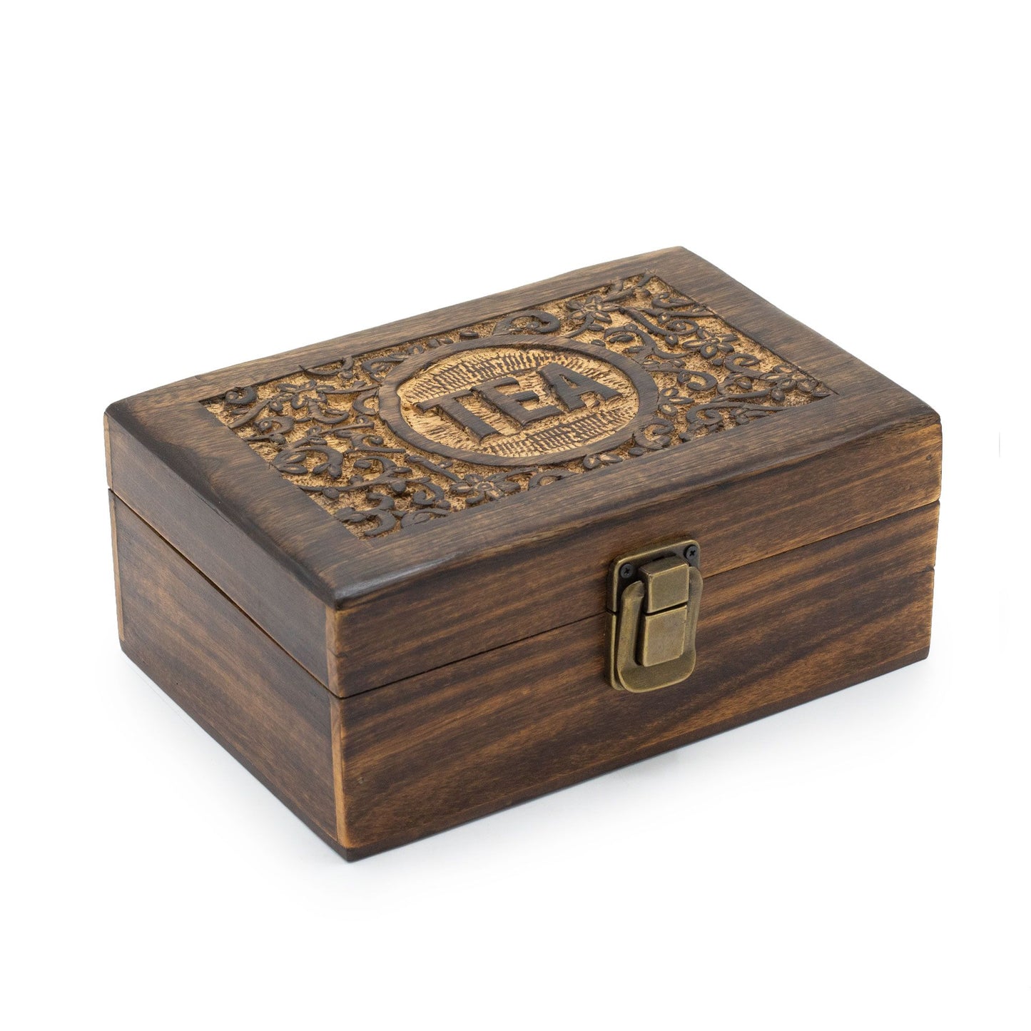 Hand-carved mango wood tea box with six internal compartments and floral engravings on the lid.