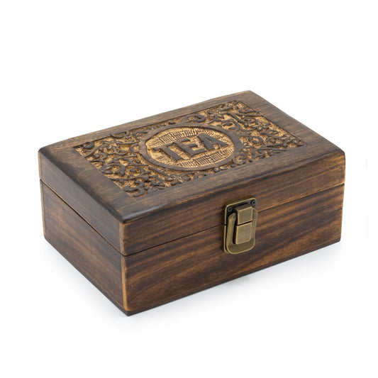 Hand-carved mango wood tea box with six internal compartments and floral engravings on the lid.