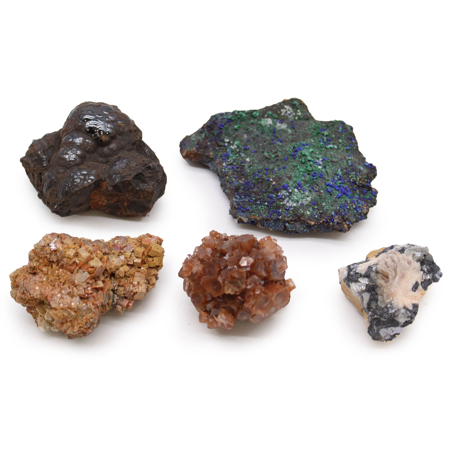 Five distinct raw mineral specimens showing various crystal shapes, natural textures, and earthy colours.