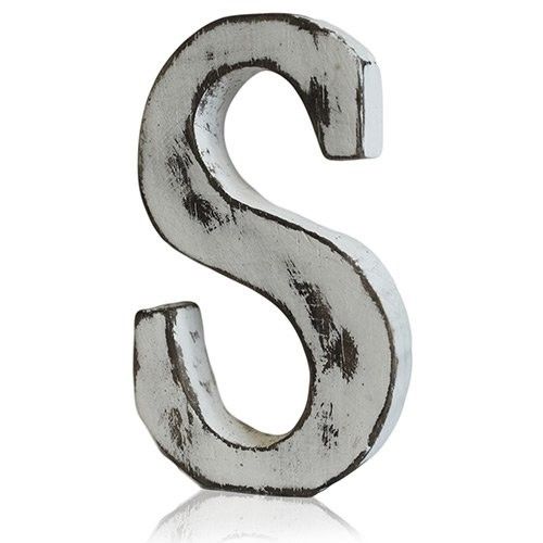 Hand-carved white-wash mango wood alphabet letter S with a rustic shabby chic finish.
