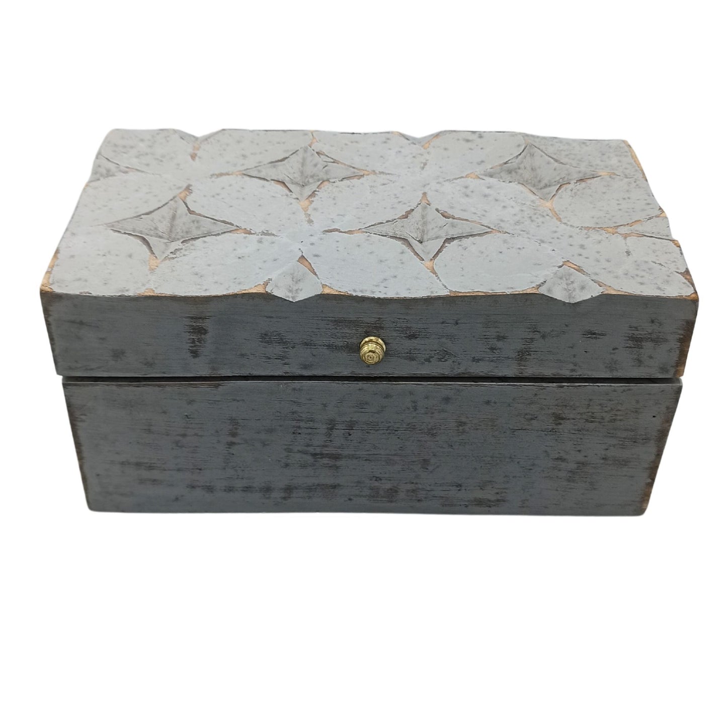 Handcrafted grey wooden decorative box featuring an intricate carved star pattern on the lid and a vintage finish.
