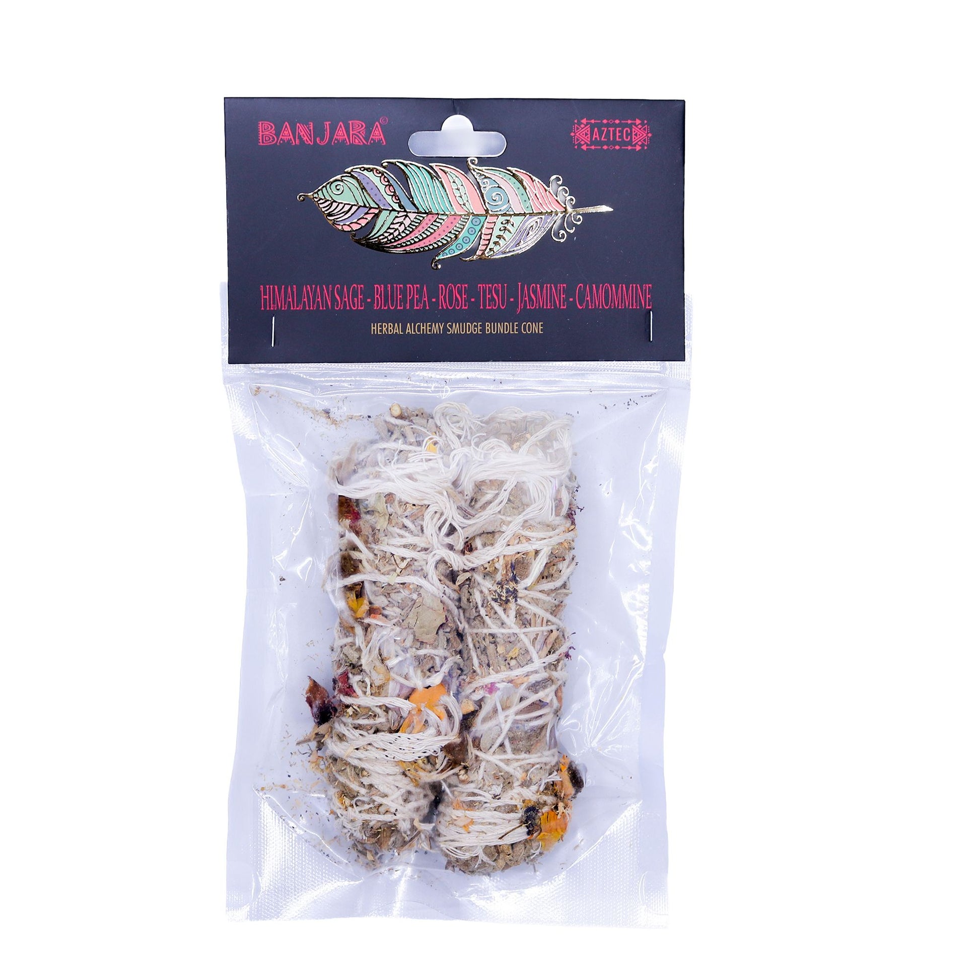 Hand-wrapped smudge stick featuring Himalayan sage bundled with colourful blue pea, rose, and jasmine petals.