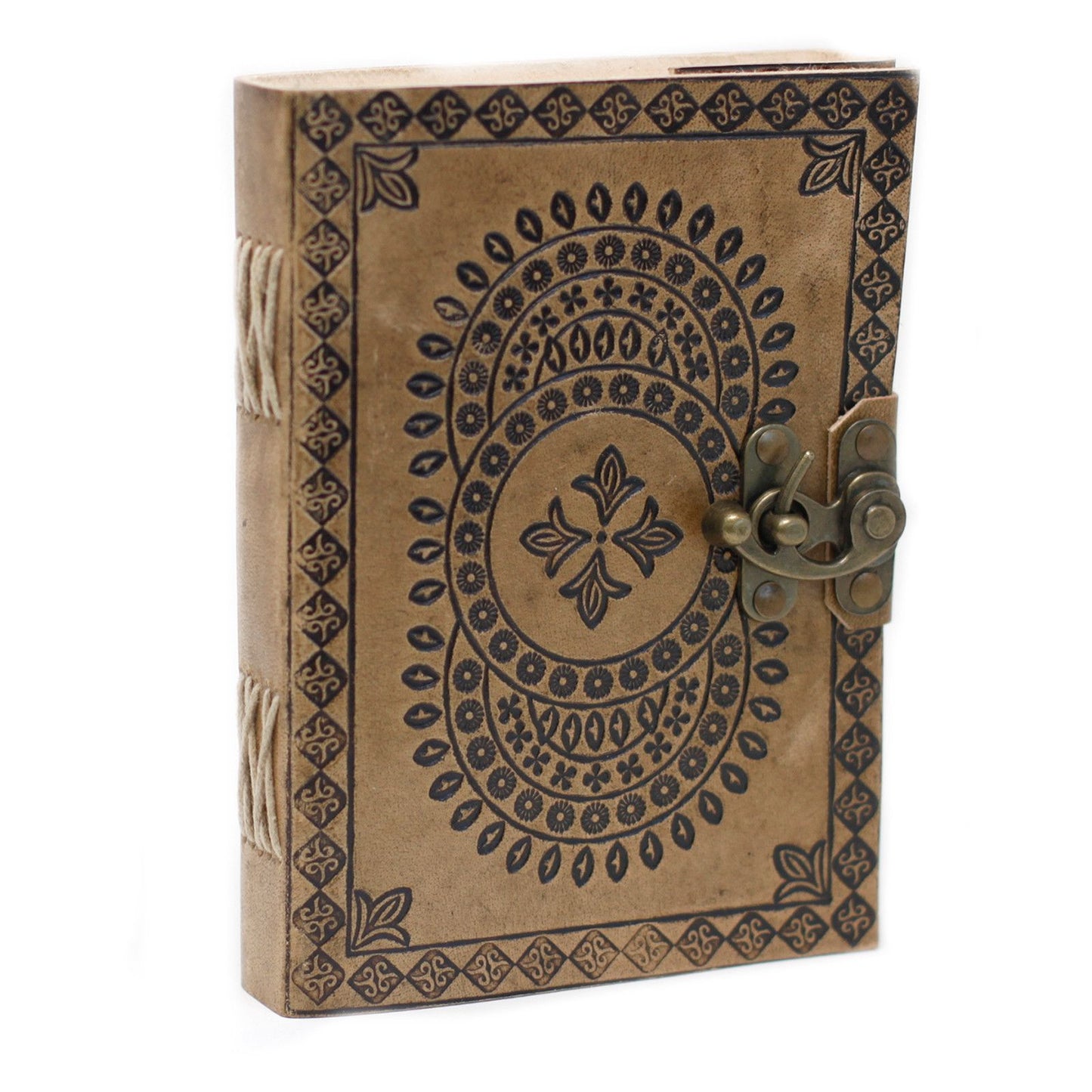 Vintage-style blue leather journal featuring an embossed mandala design and a rustic metal clasp closure.