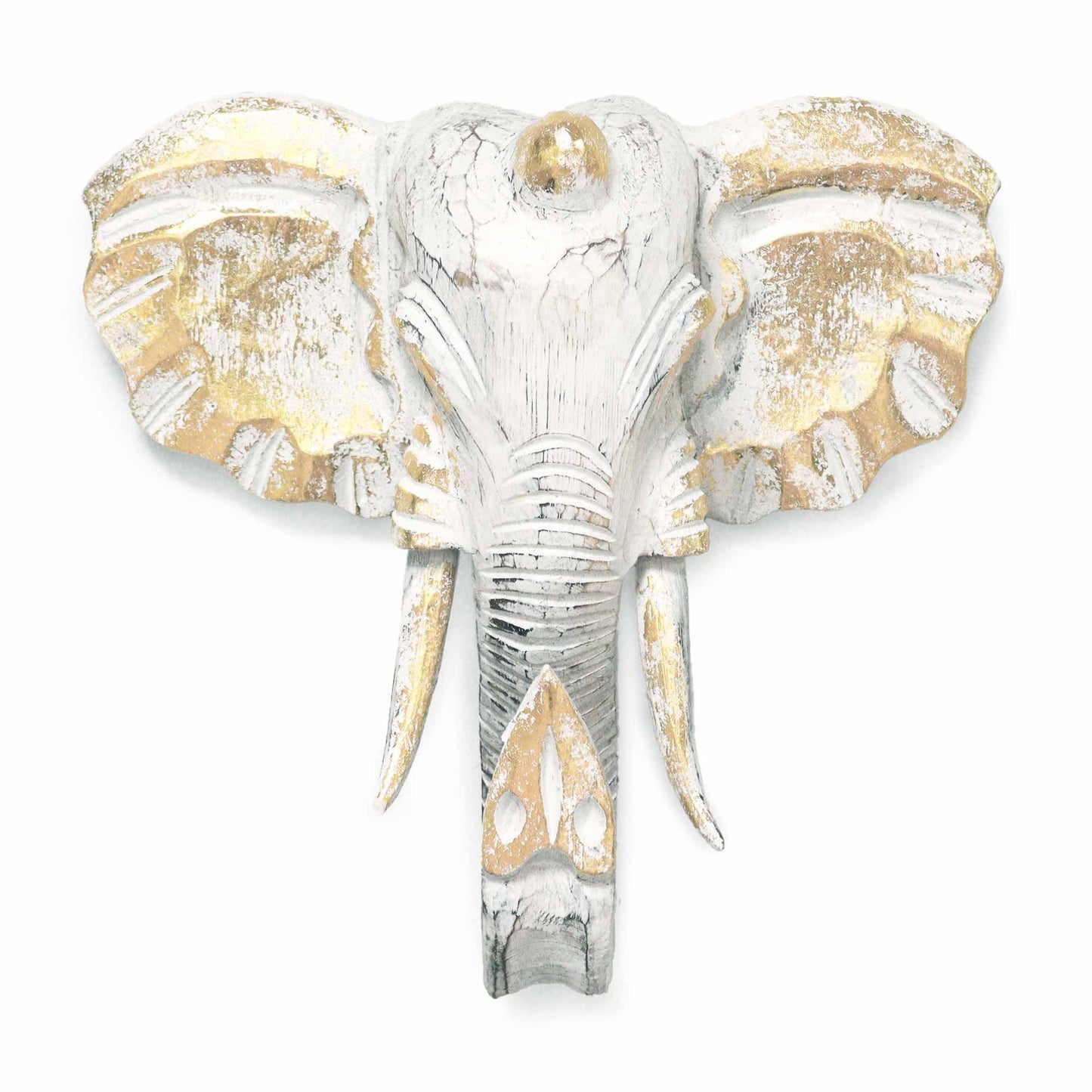Hand-carved wooden elephant head in a whitewash finish with elegant gold glitter accents and intricate detailing.