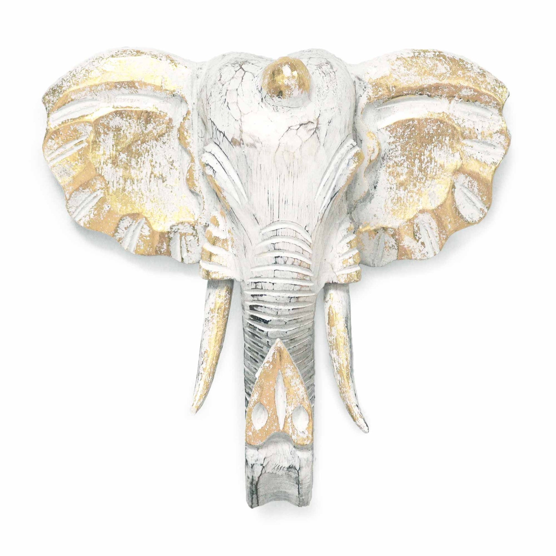 Hand-carved wooden elephant head in a whitewash finish with elegant gold glitter accents and intricate detailing.