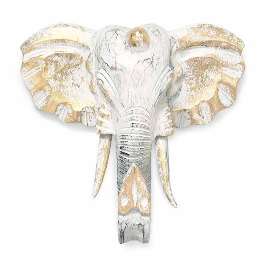 Hand-carved wooden elephant head in a whitewash finish with elegant gold glitter accents and intricate detailing.