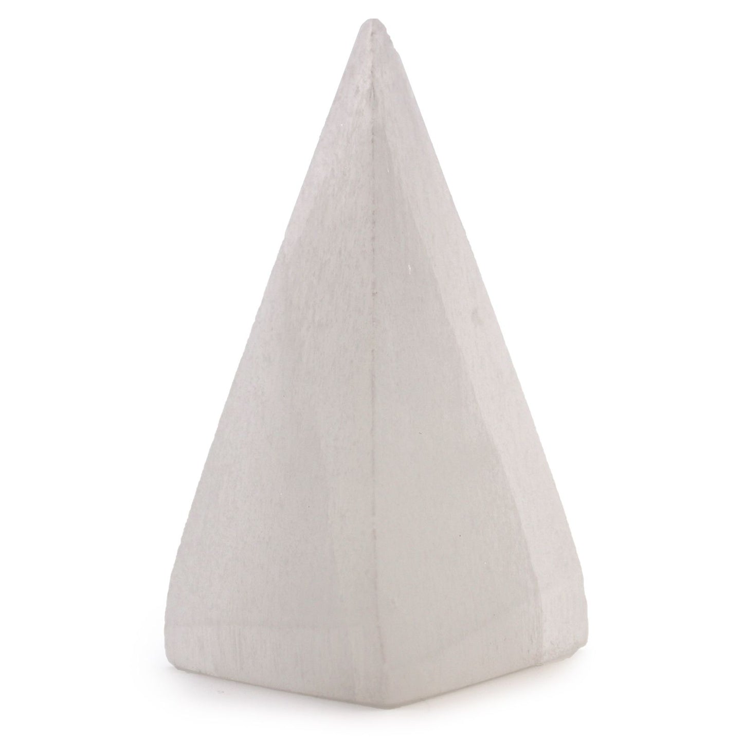 Large polished translucent white selenite crystal pyramid with a natural milky lunar glow.