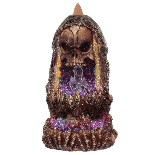 Intricate skull-shaped incense burner with a crystal cave interior, glowing LED lights, and backflow smoke effect.