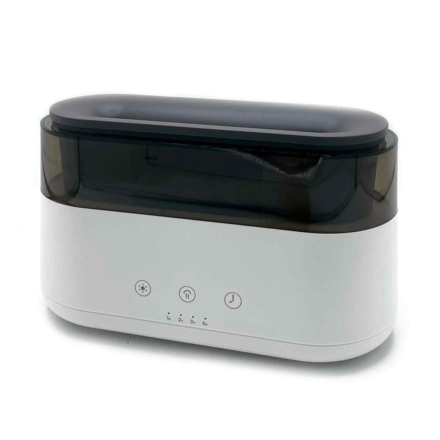 Modern black aroma diffuser with a realistic orange flame mist effect and digital LED clock display.
