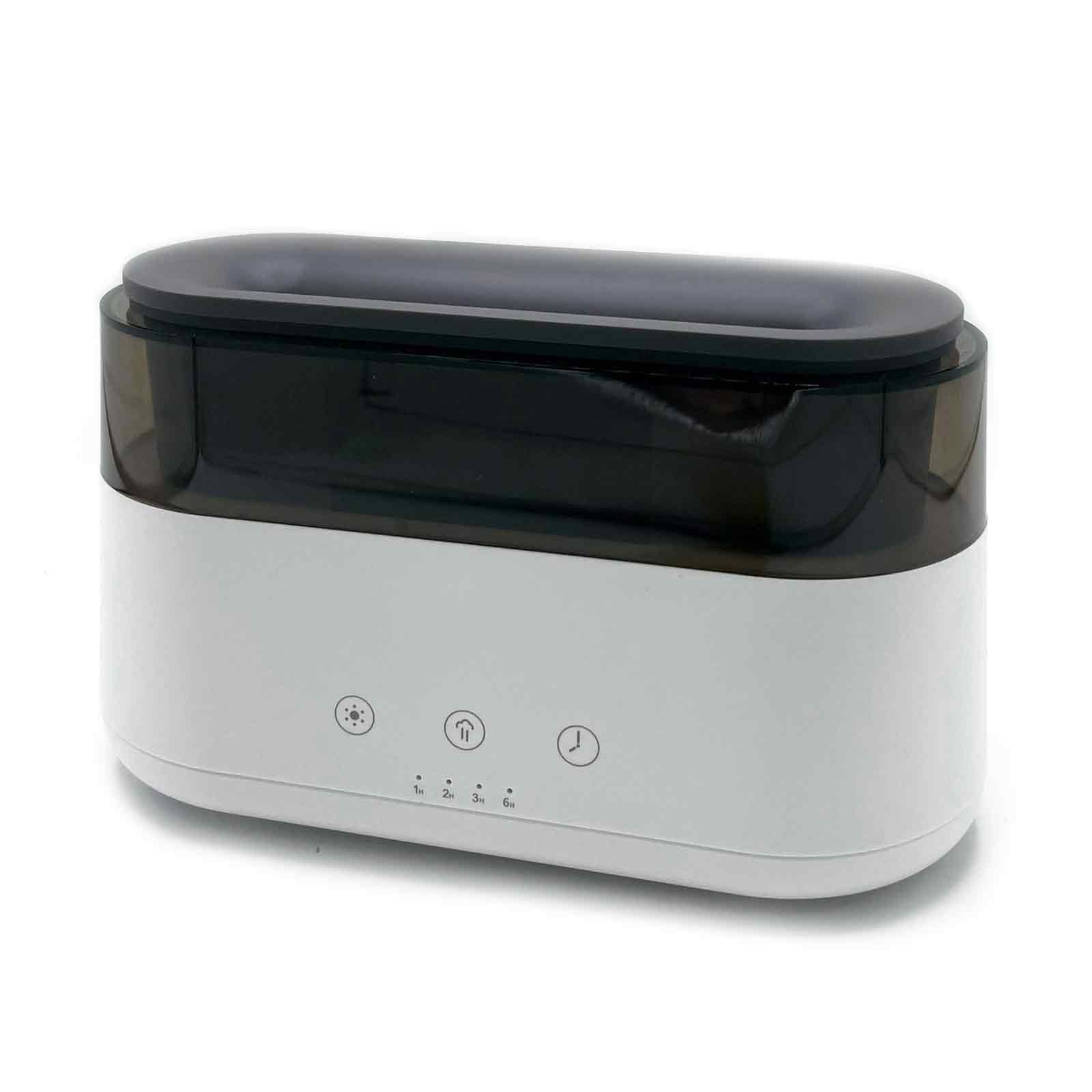 Modern black aroma diffuser with a realistic orange flame mist effect and digital LED clock display.