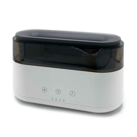 Modern black aroma diffuser with a realistic orange flame mist effect and digital LED clock display.