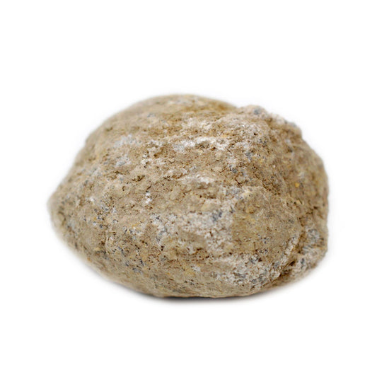 Rough, natural exterior of an unopened Calcite geode specimen with a textured, rocky surface.