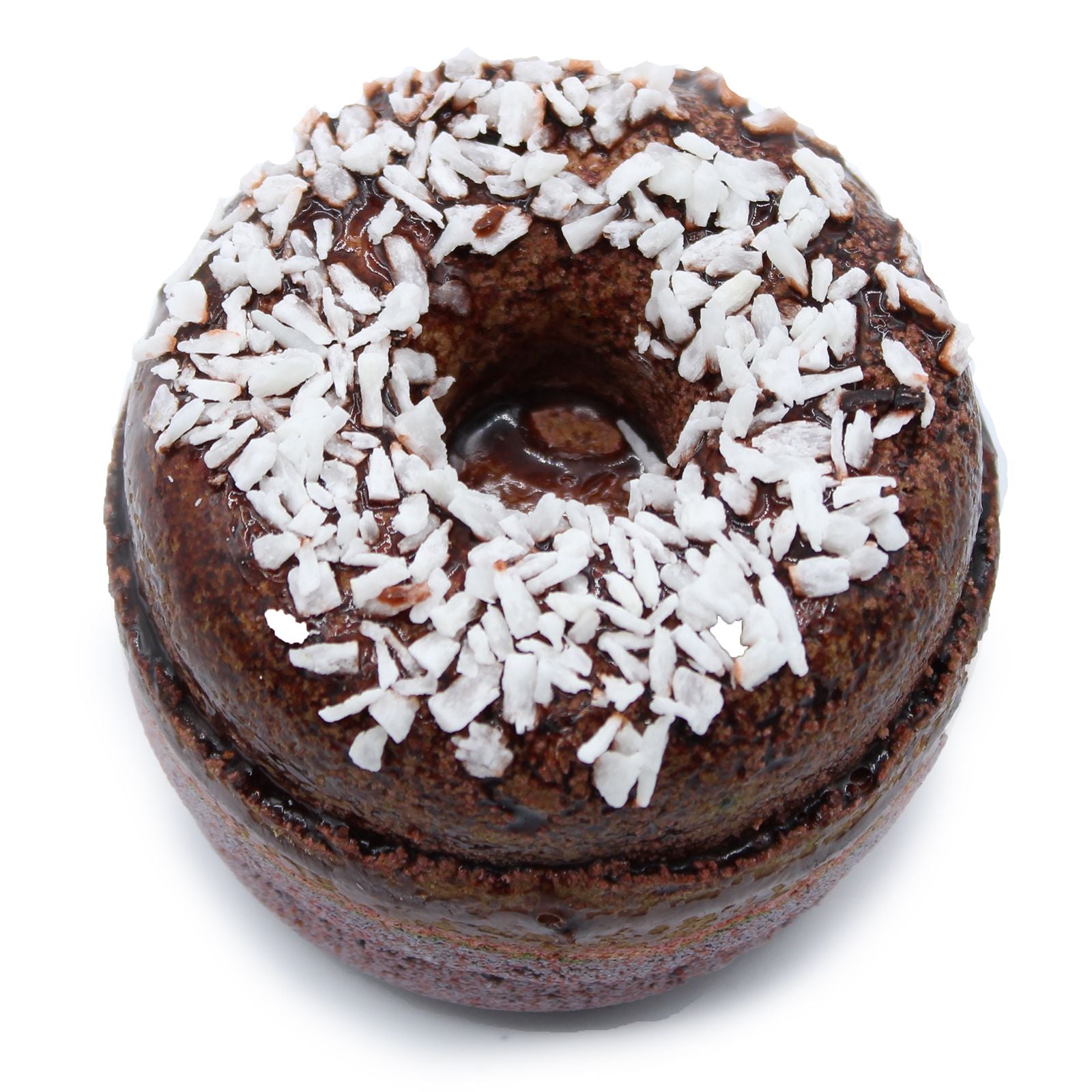 Two realistic donut-shaped bath fizzers with chocolate and coconut toppings on a plain background.