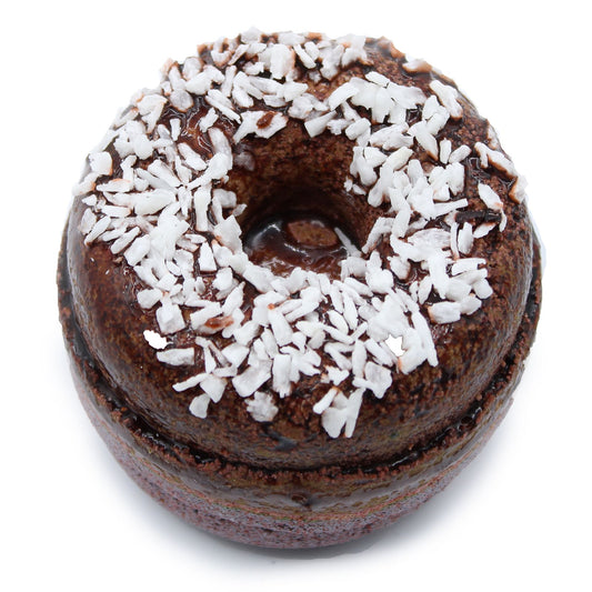 Two realistic donut-shaped bath fizzers with chocolate and coconut toppings on a plain background.