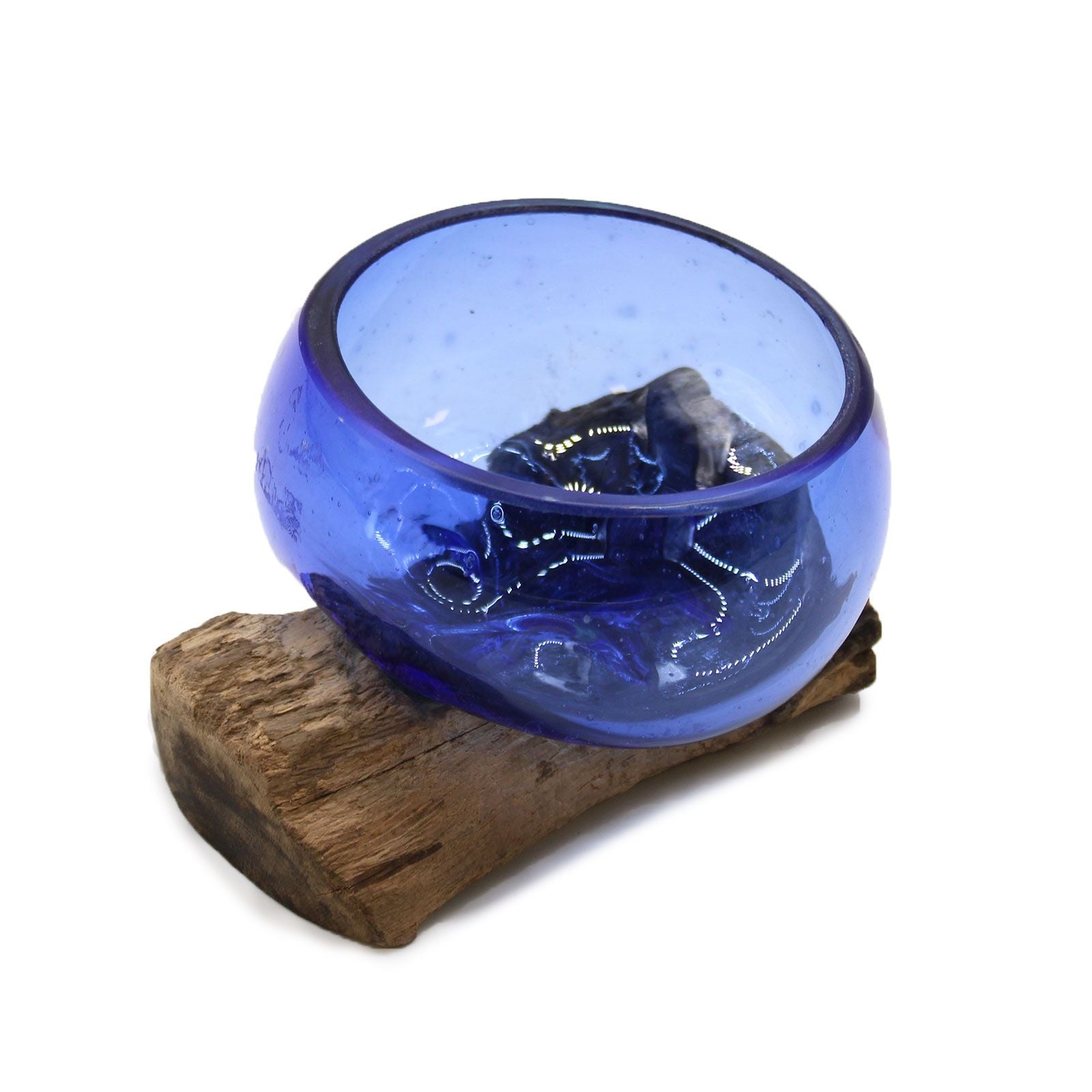Unique hand-blown blue molten glass bowl slumped over a natural gamal wood base.