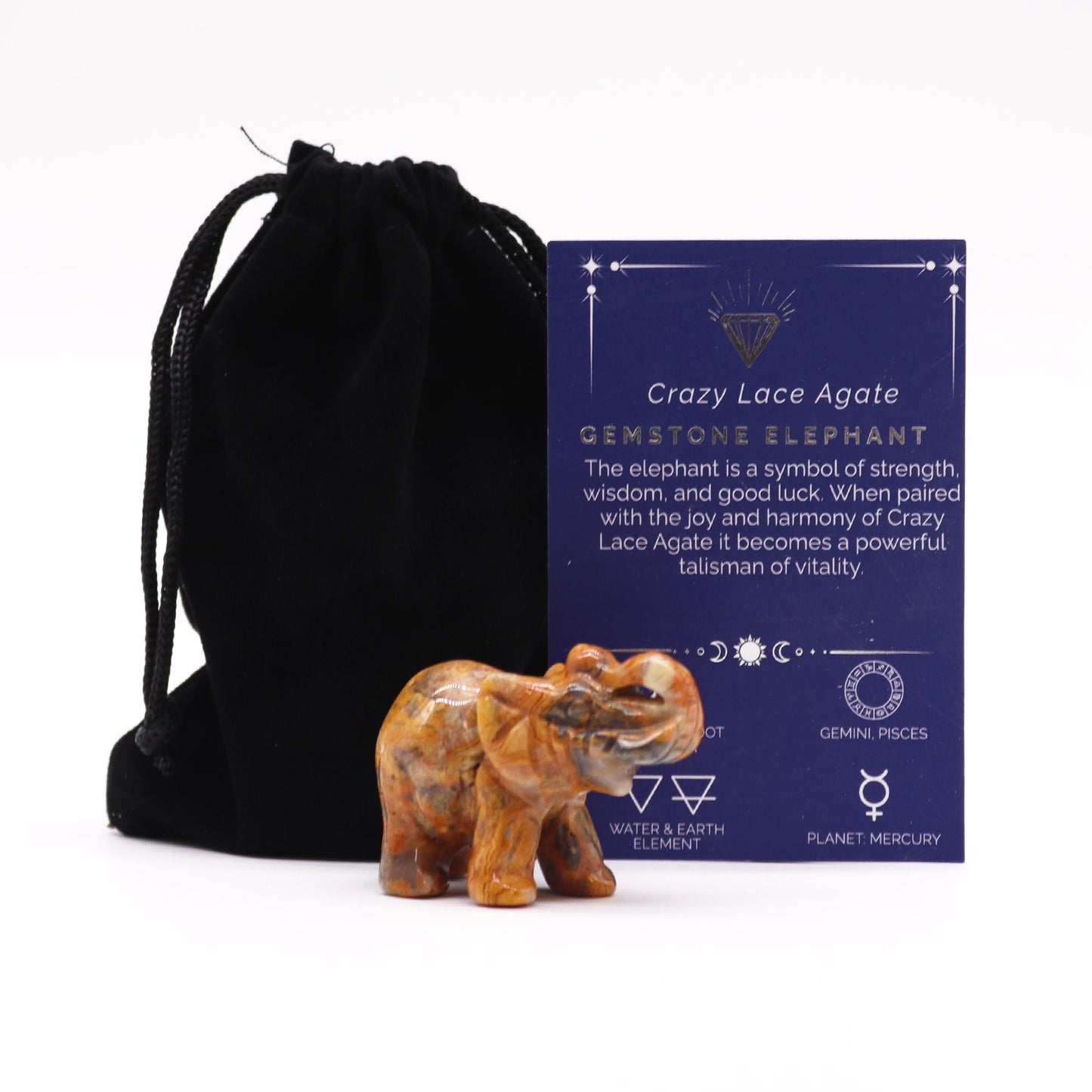 Intricately carved gemstone elephant figurine made from swirling grey and white crazy lace agate stone.