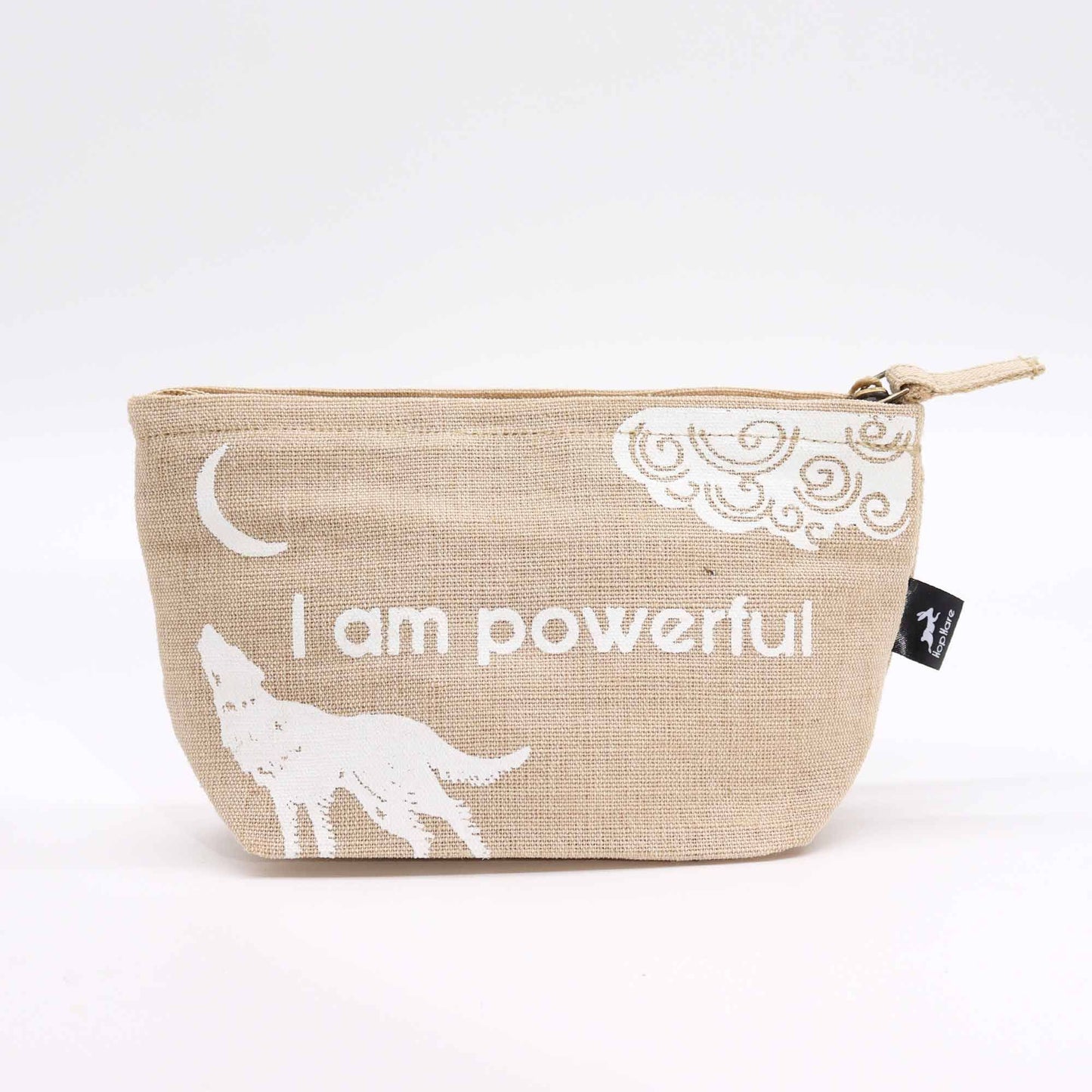Rustic natural jute pouch featuring a bold wolf illustration and the inspiring affirmation I Am Powerful.