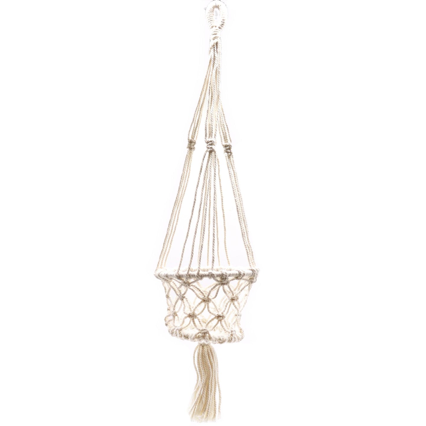Handcrafted cream macrame plant hanger featuring intricate knot patterns designed to hold a single small flower pot.