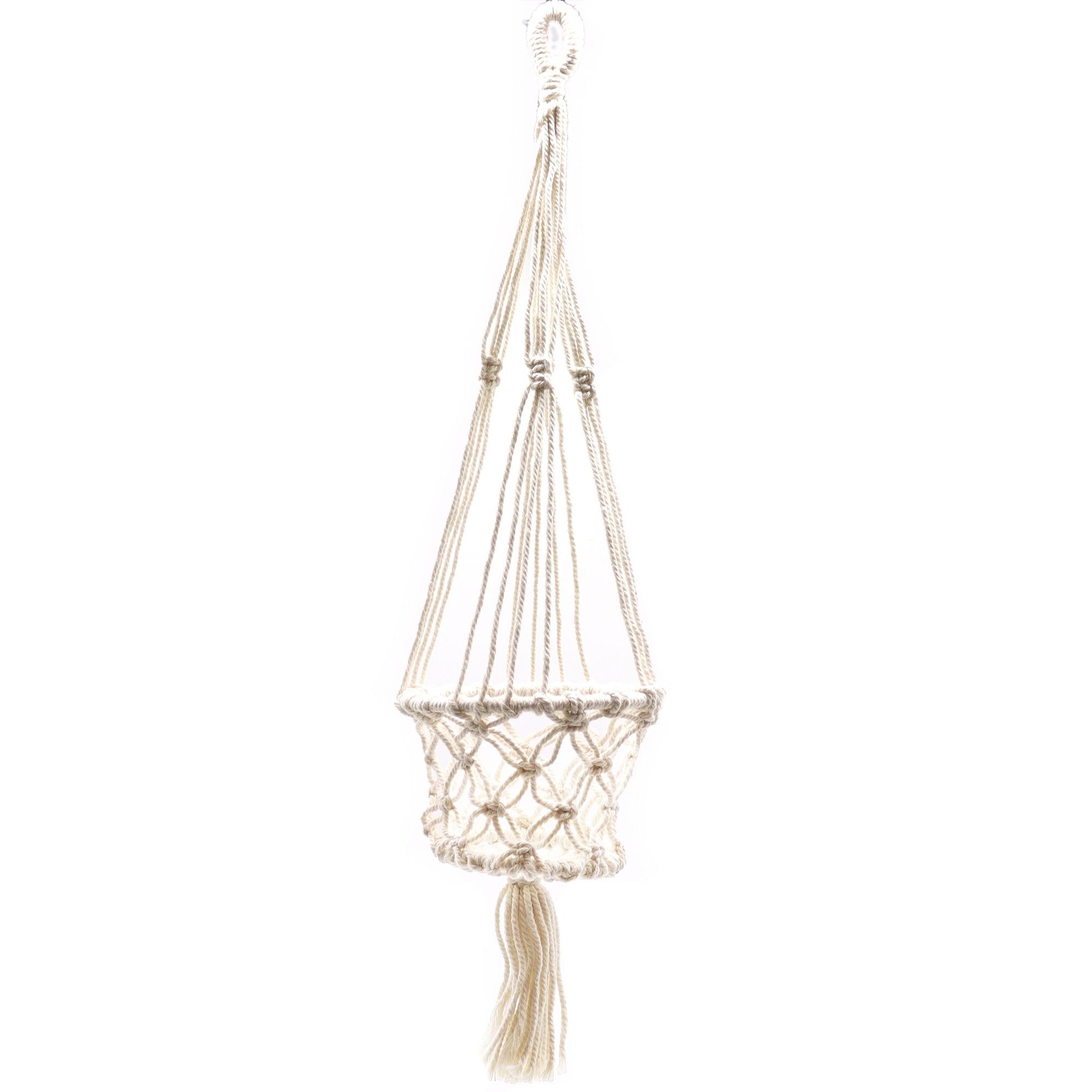 Handcrafted cream macrame plant hanger featuring intricate knot patterns designed to hold a single small flower pot.