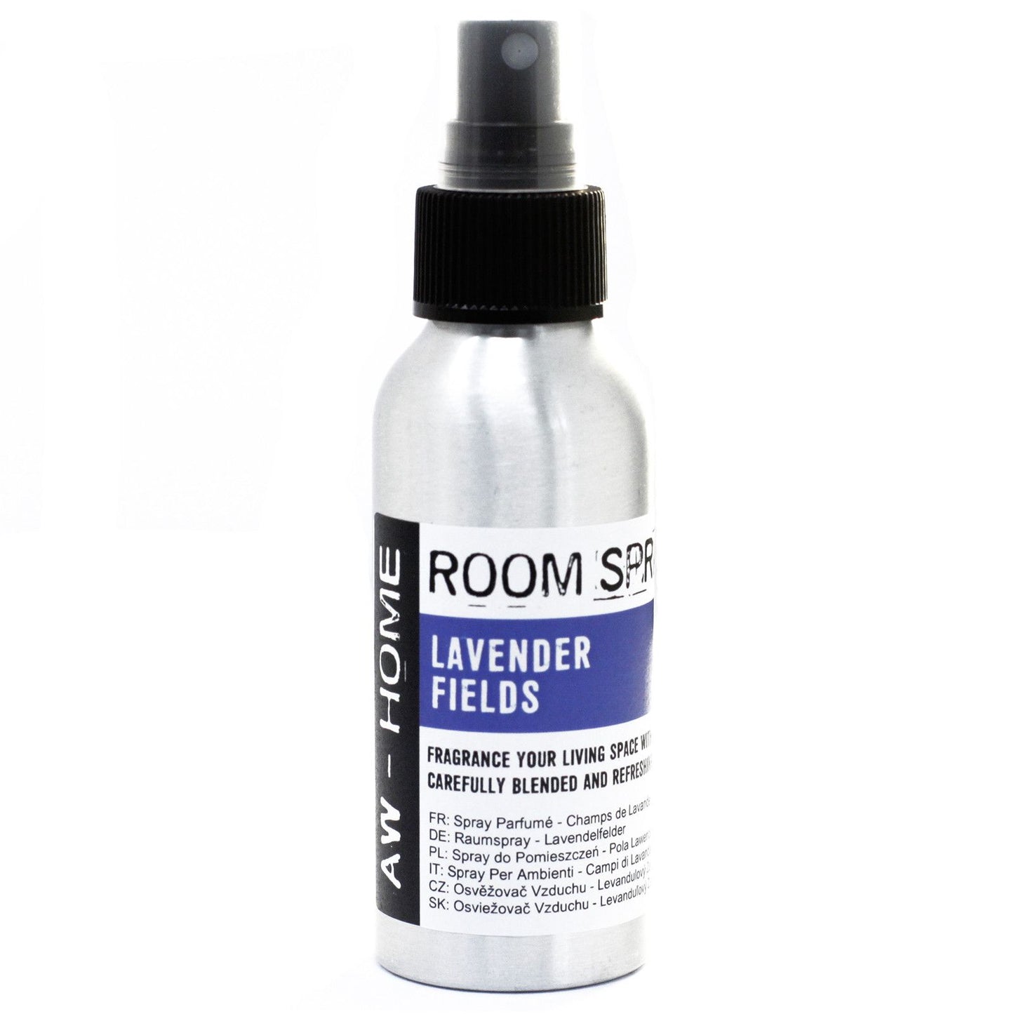 A 100ml silver aluminium bottle of lavender scented room spray with a minimalist label and spray nozzle.