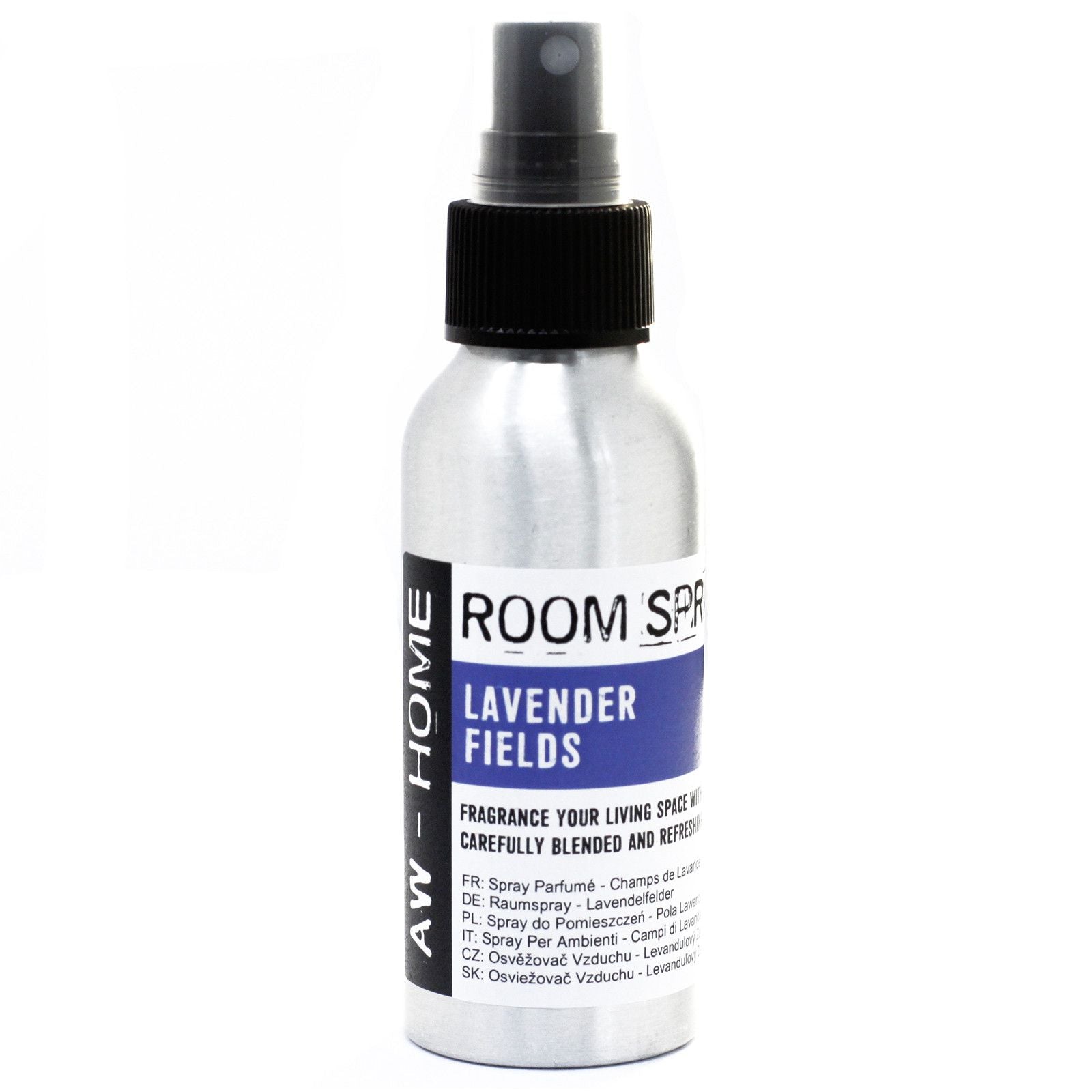 A 100ml silver aluminium bottle of lavender scented room spray with a minimalist label and spray nozzle.