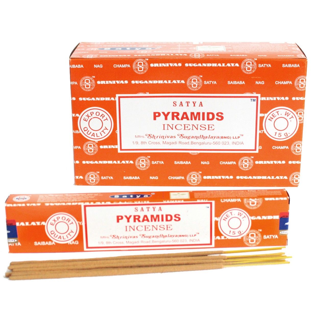 A pack of hand-rolled incense sticks with a mystical pyramid design on the blue and white packaging.