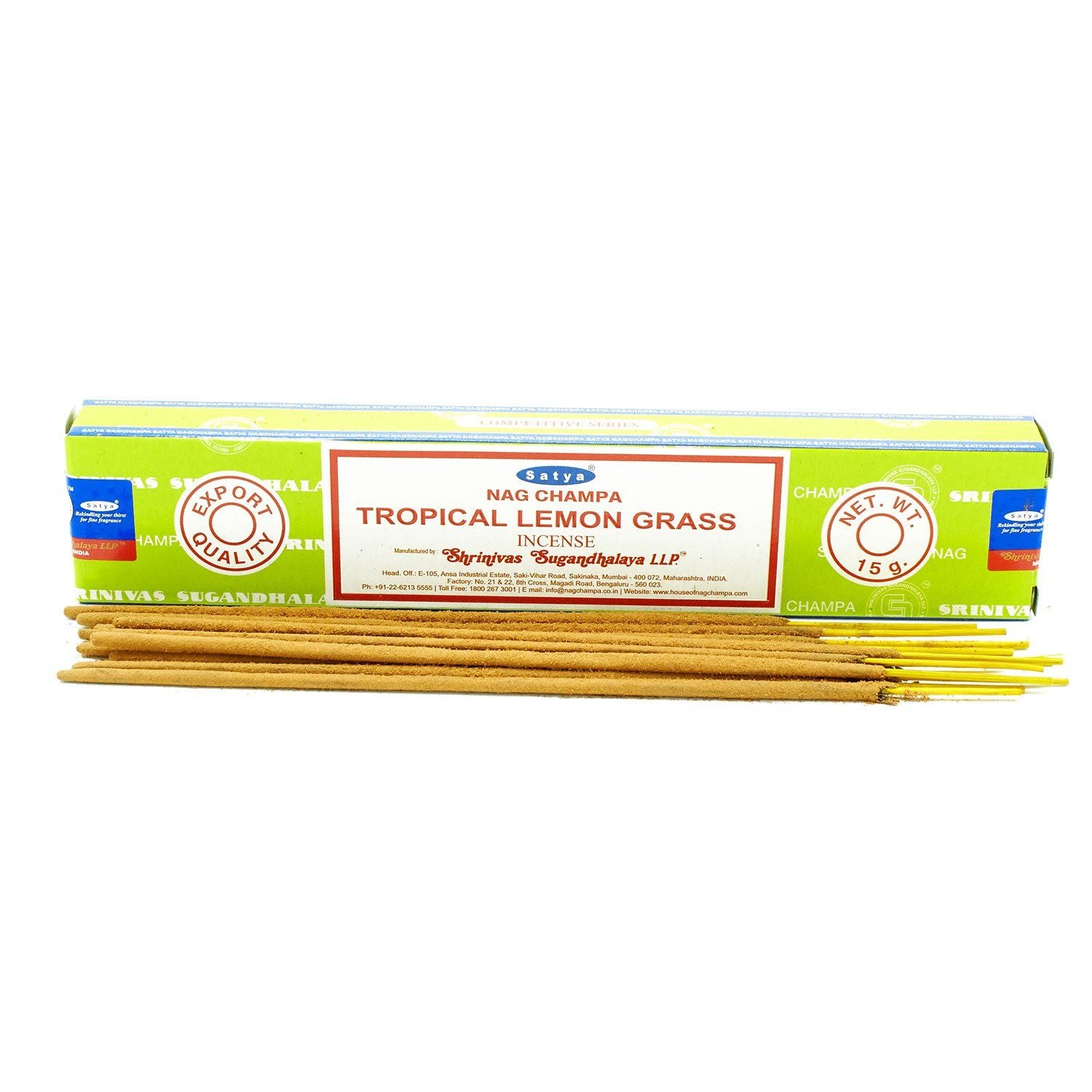 A pack of hand-rolled Tropical Lemongrass incense sticks with a bright, citrusy aroma for home fragrancing.