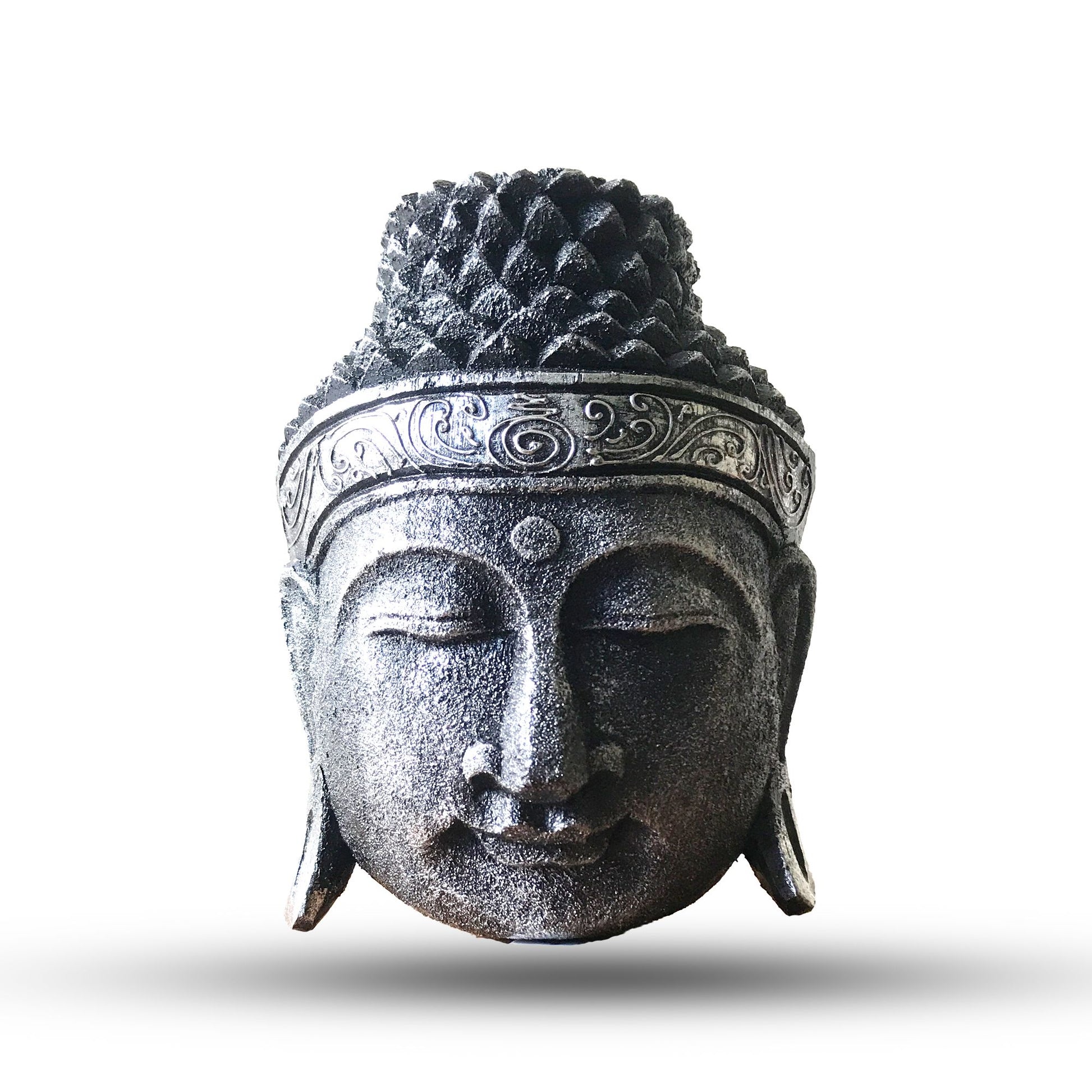 Handcrafted 25cm Buddha head statue with a reflective silver shine finish.