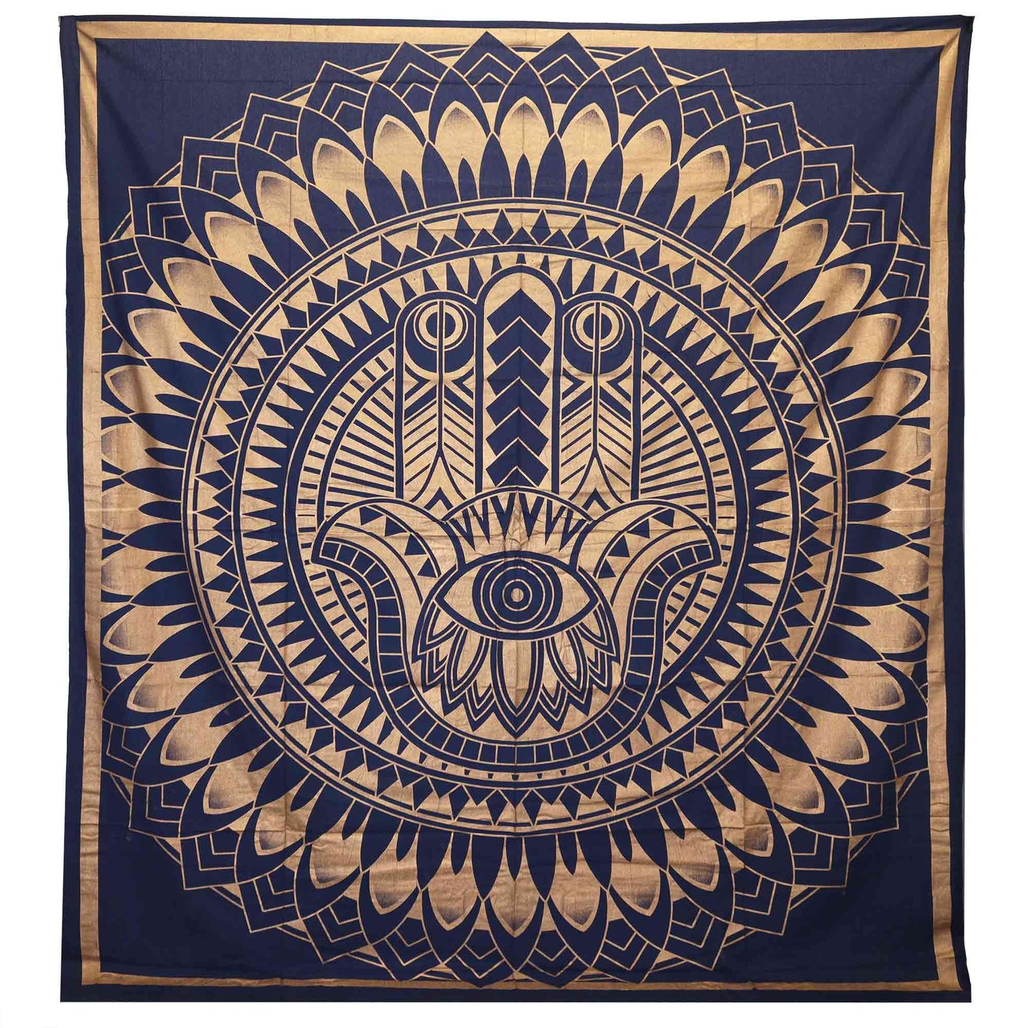 Intricate blue and gold Hamsa hand design on a large double cotton bedspread or wall hanging.