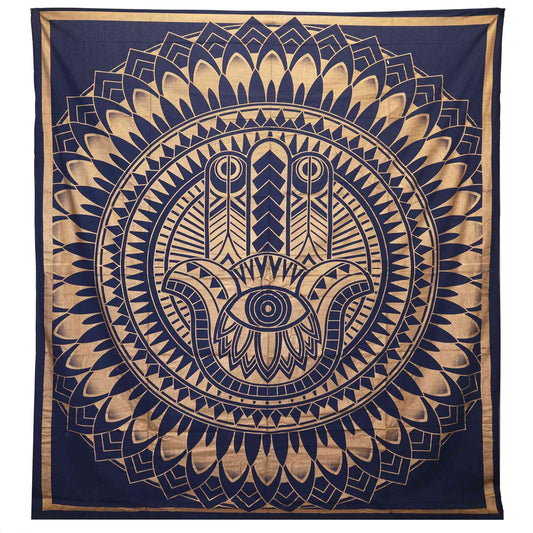 Intricate blue and gold Hamsa hand design on a large double cotton bedspread or wall hanging.