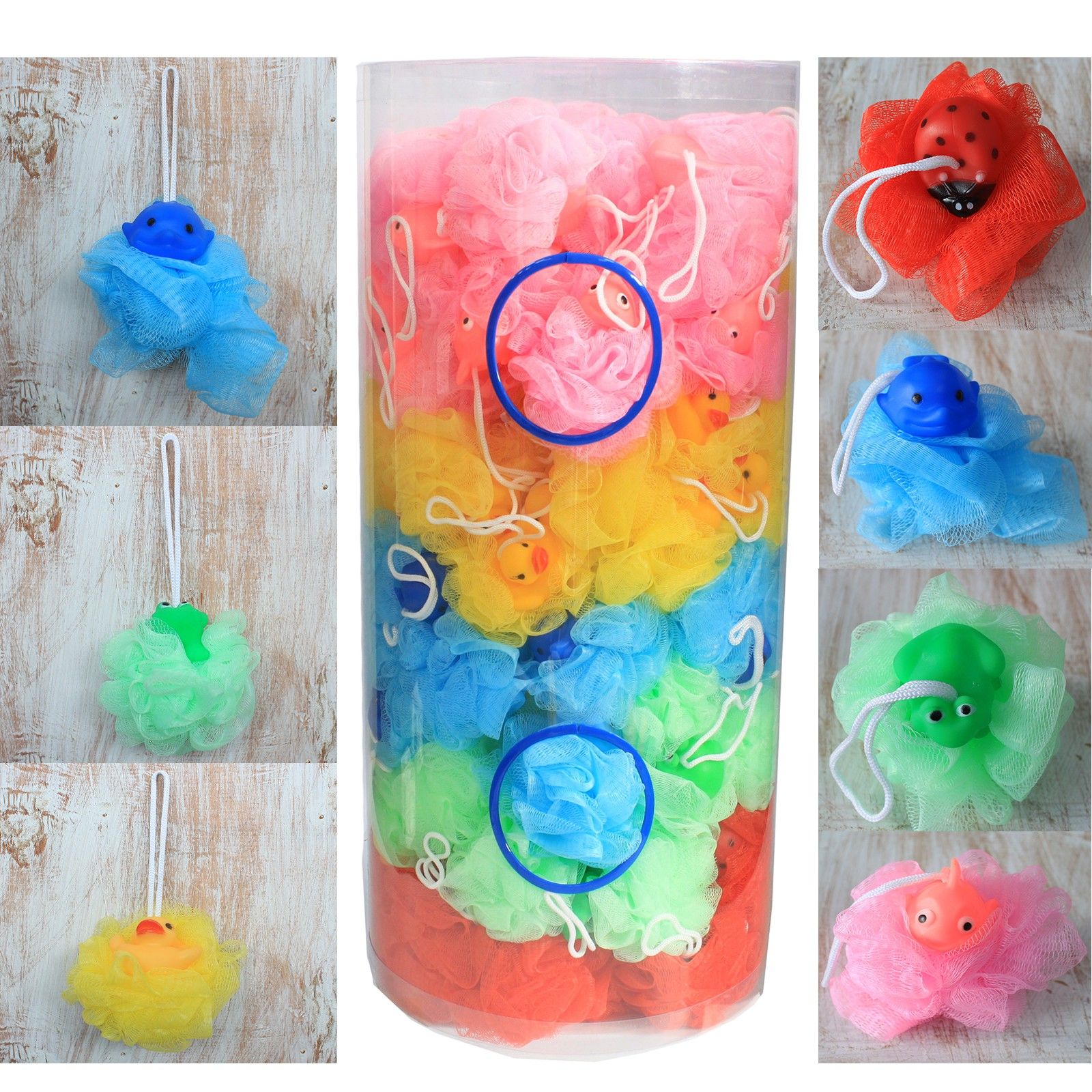 Soft mesh bath scrunchie featuring a small squeaky toy in one of five assorted vibrant colours.