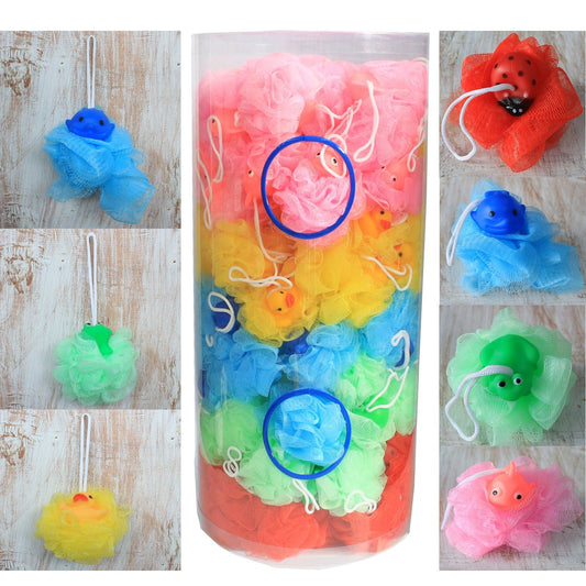 Soft mesh bath scrunchie featuring a small squeaky toy in one of five assorted vibrant colours.