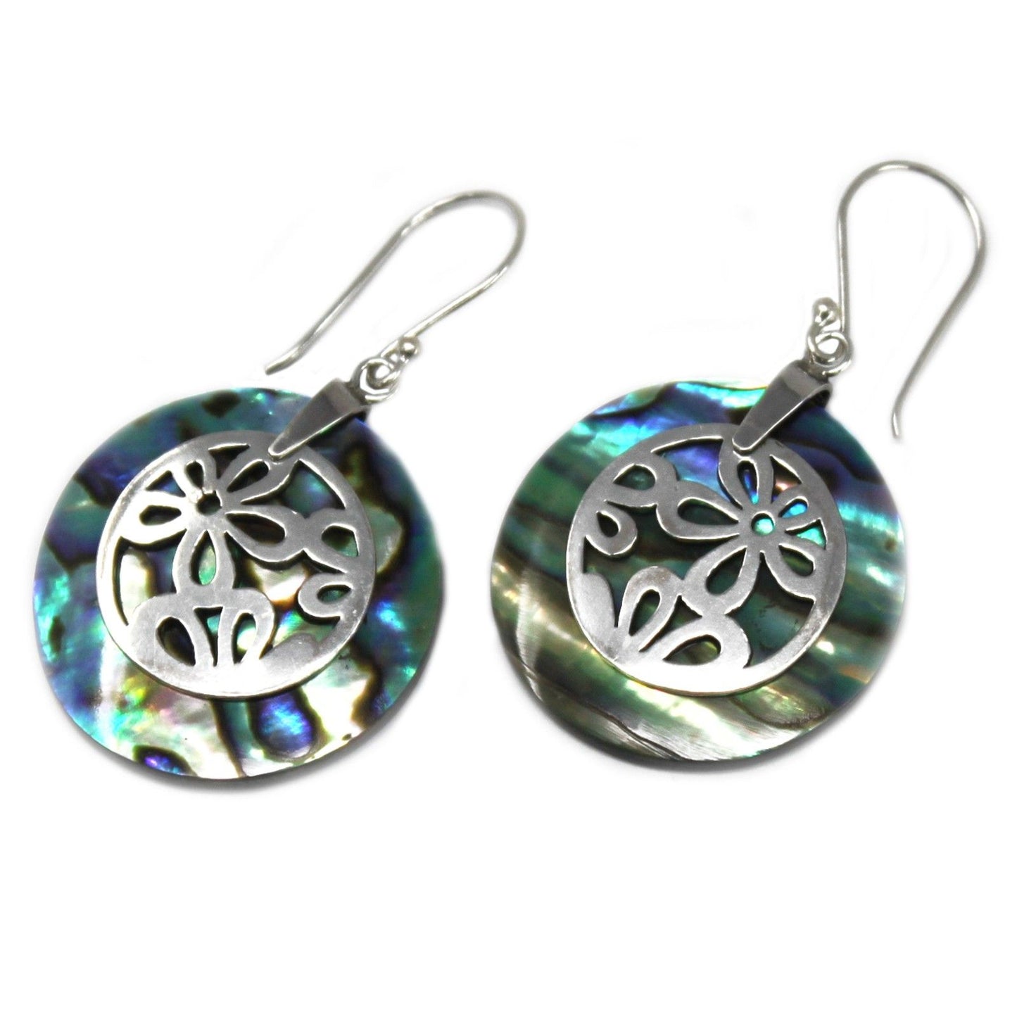 Intricately crafted flower-shaped earrings made from shimmering iridescent abalone shell and high-quality 925 silver.