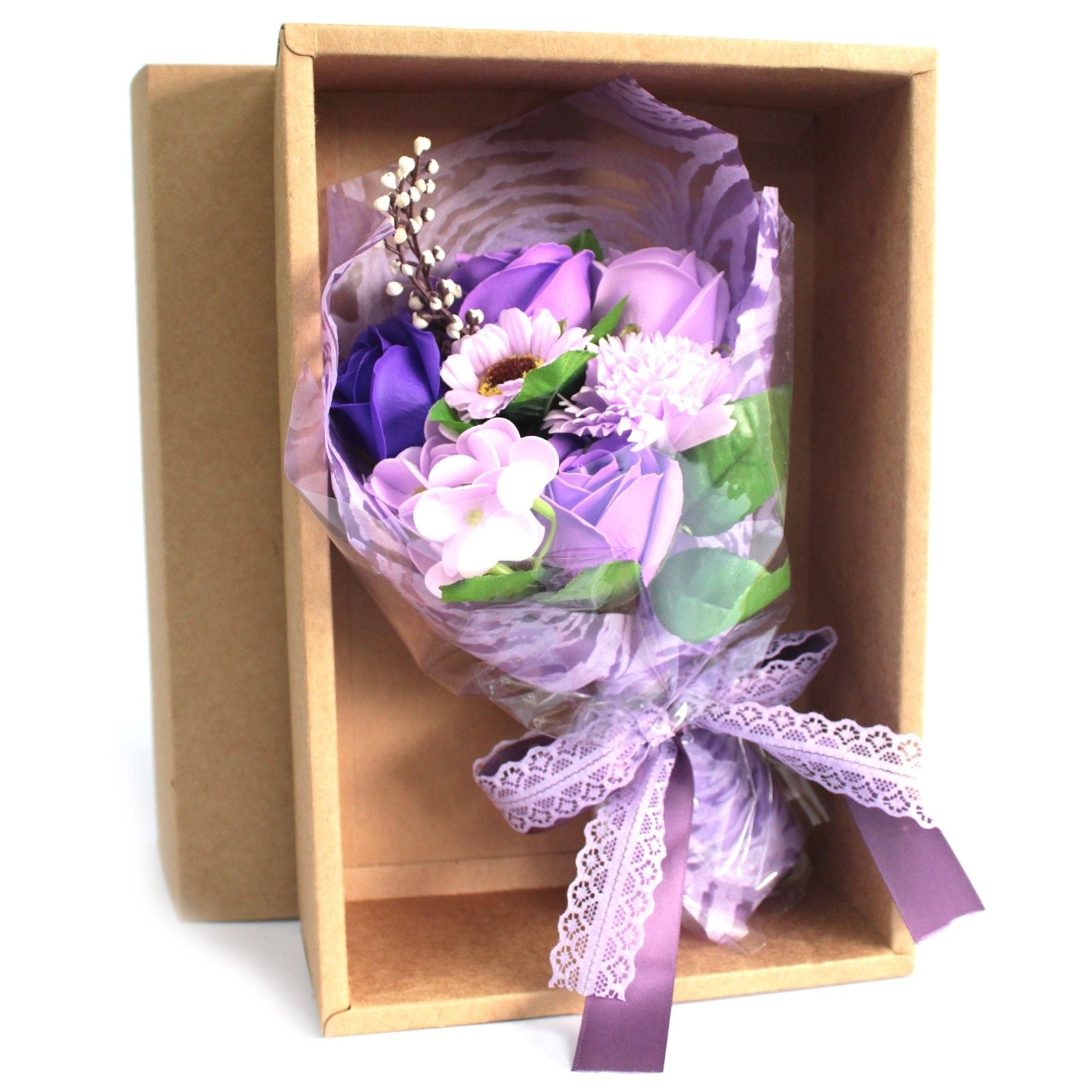 Beautifully arranged purple soap flower roses in a gift box, looking like a real floral bouquet.