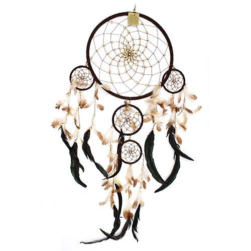 Extra large round handcrafted dreamcatcher featuring intricate web patterns in cream, coffee, and chocolate brown tones.