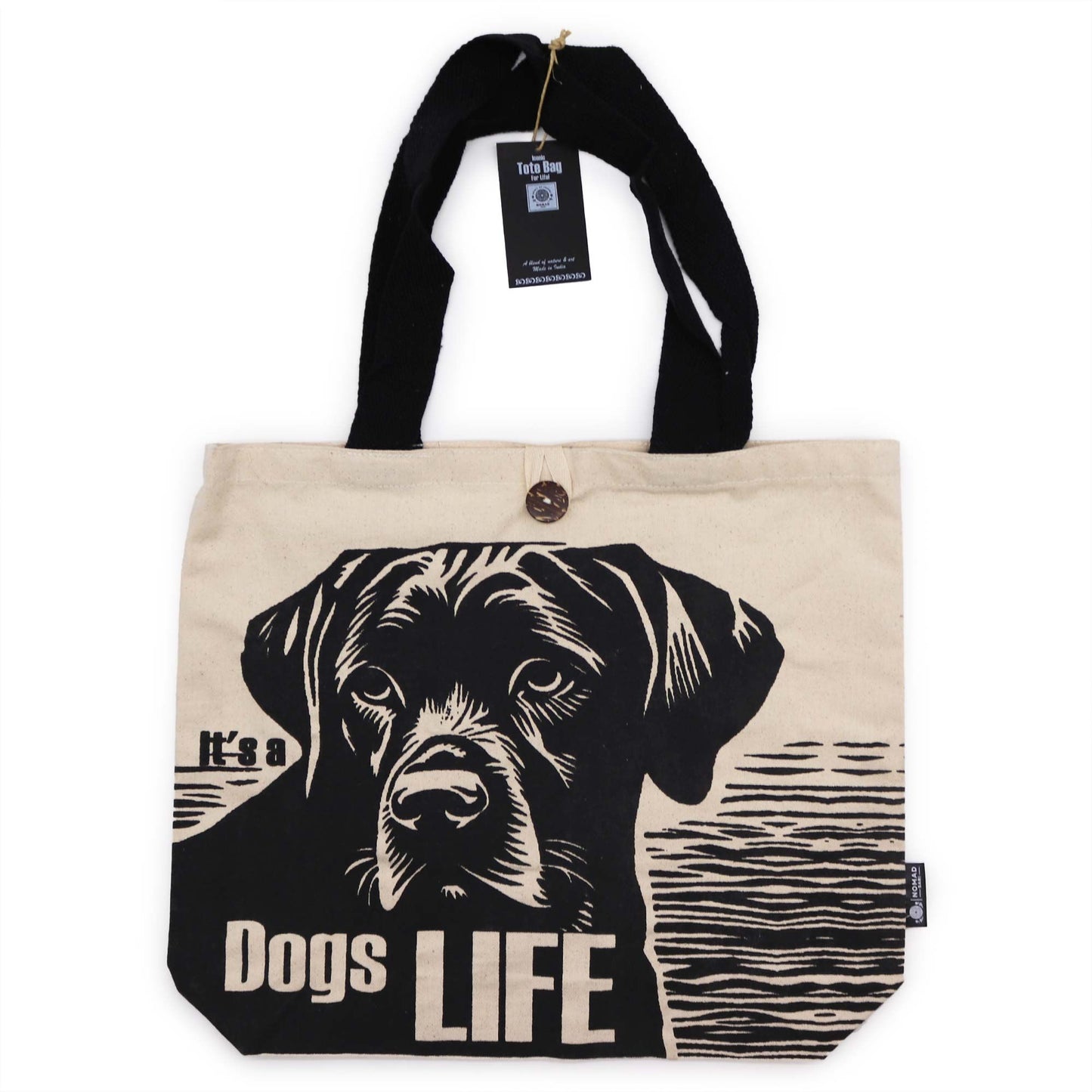 Durable white 10oz cotton tote bag featuring a charming It's a Dog's Life graphic design.