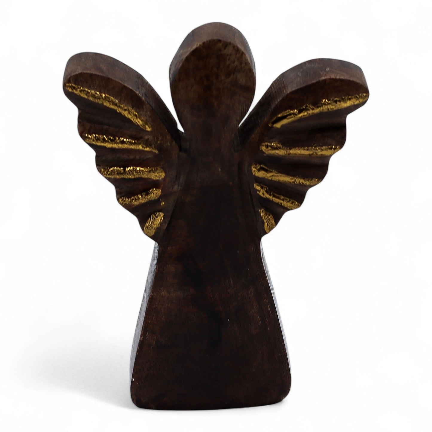 Hand-carved mango wood angel figurine with shimmering gold wings and natural wood grain finish.