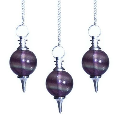 Spherical purple fluorite gemstone pendulum attached to a silver chain with a matching bead end.