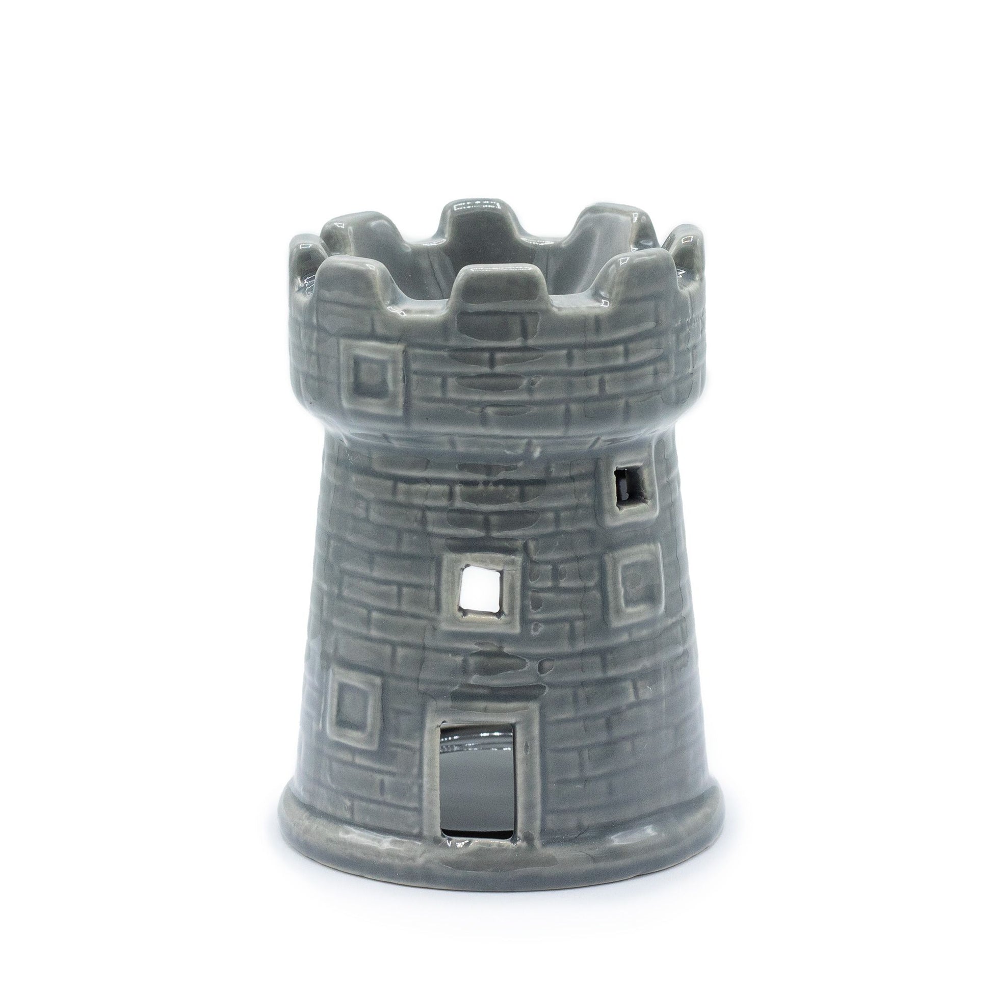 Detailed grey ceramic oil burner shaped like a medieval castle tower with a dish for essential oils.