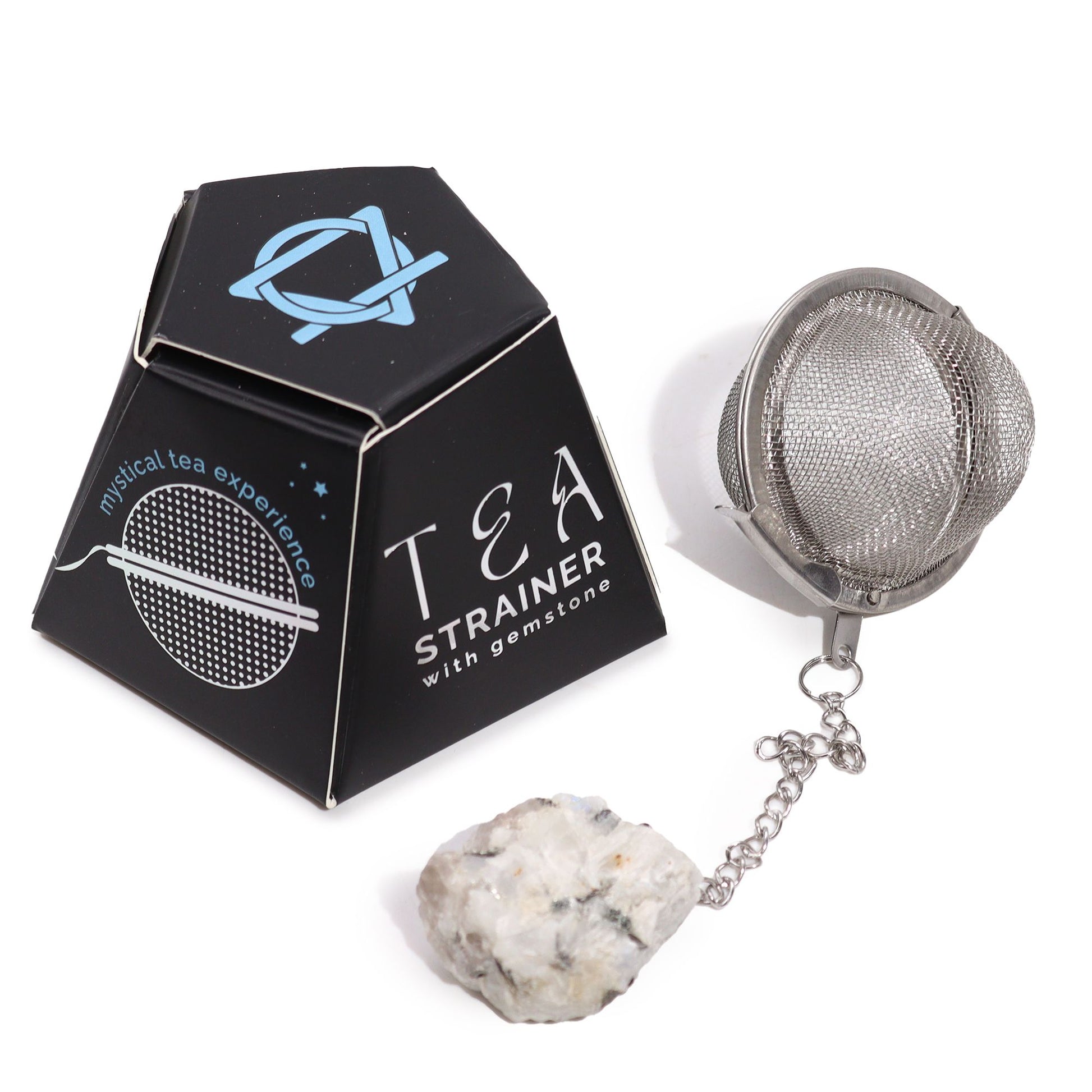 Stainless steel mesh tea strainer featuring a genuine raw rainbow moonstone crystal hanging from the end of the chain.