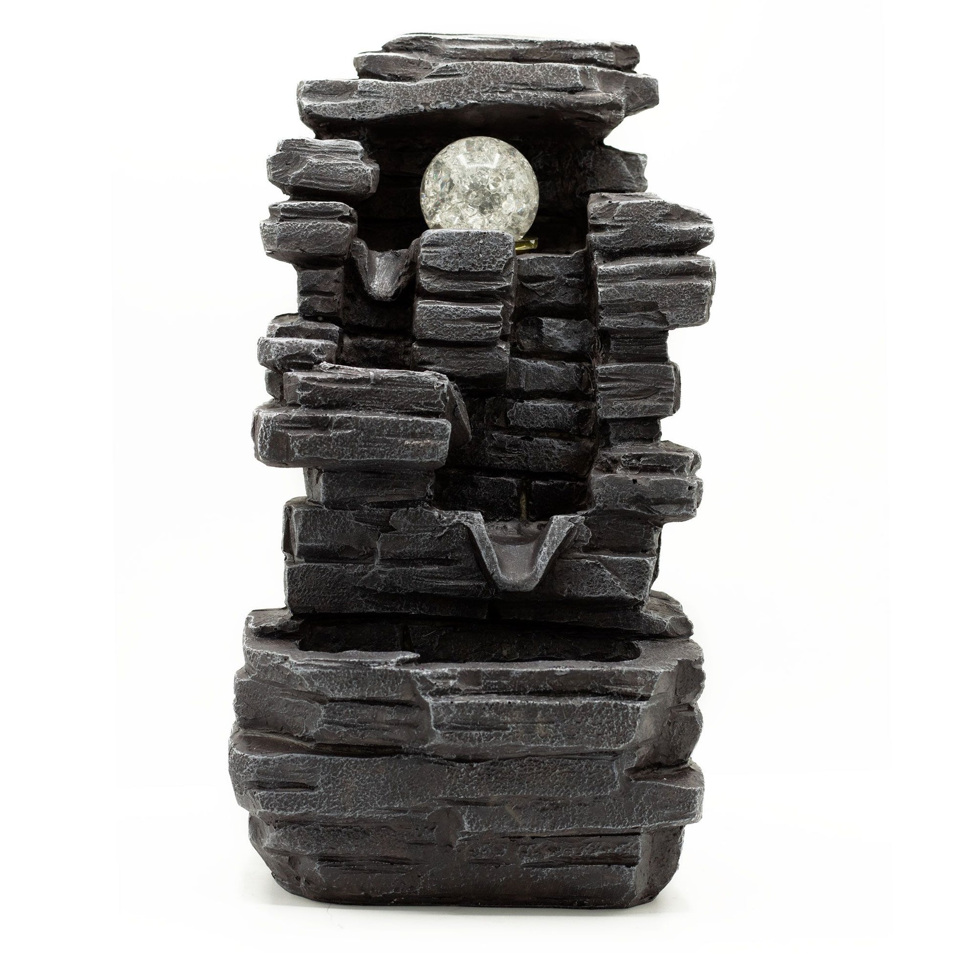 35cm tabletop water feature with a stacked slab rock formation and a crystal ball centerpiece.